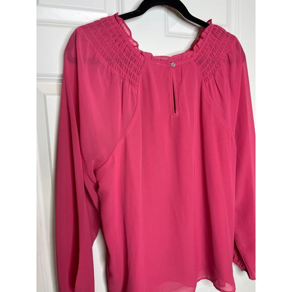 Loft Outlet Pink Long Sleeve with Smocked Neckline Blouse Large Lined - Picture 3 of 7
